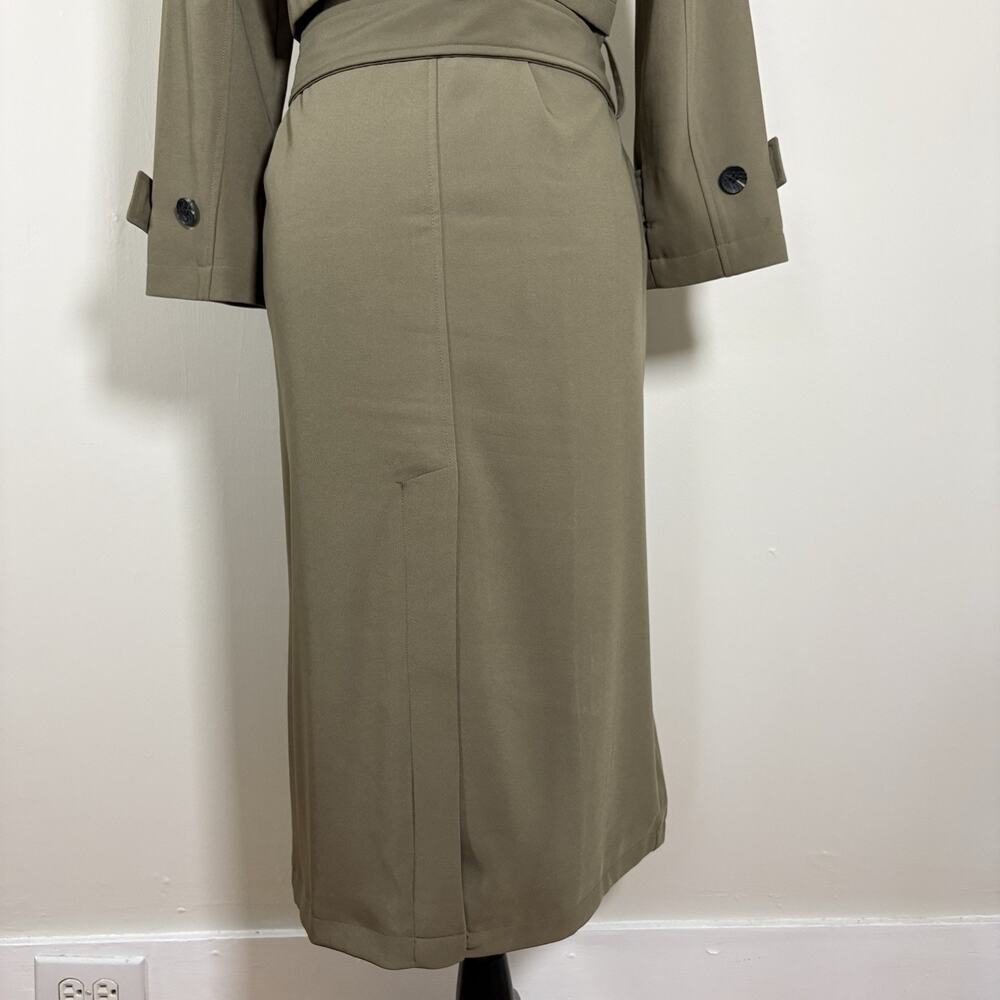 Avec Les Filles Stretch Crepe Double Breasted Belted Trench Coat Olive Green M - Picture 11 of 15